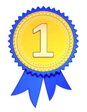 bir 1 ödül şerit. 1. ilk sıra altın mavi madalya. şampiyon kazanan ödül, başarı başarı simgesi. 3d illüstrasyon izole,