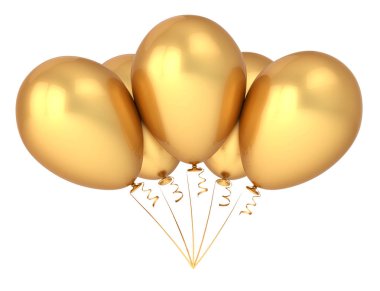 parti balonu beş 5 altın. Doğum günü dekorasyon lüks, sarı helyum balon grup parlak. tatil, yıldönümü, kutlama sembolü. 3D çizim