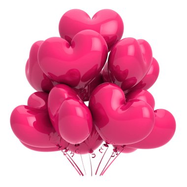 parlak pembe parti balonları kalp şeklinde. helyum balon grup seviyorum. Doğum günü, düğün, evlilik dekorasyon romantik. olay, tatil, kutlama sembolü. 3D çizim
