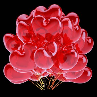 yarı saydam parti balonları kırmızı kalp şeklinde. Romantik aşk helyum balon grup. Doğum günü, düğün, evlilik dekorasyon. tatil, kutlama sembolü. 3d illüstrasyon izole siyah üzerine,