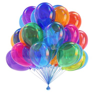 Balonlar grup parlak renkli Doğum günü partisi, karnaval kutlama, olay dekorasyon çok renkli. 3D çizim
