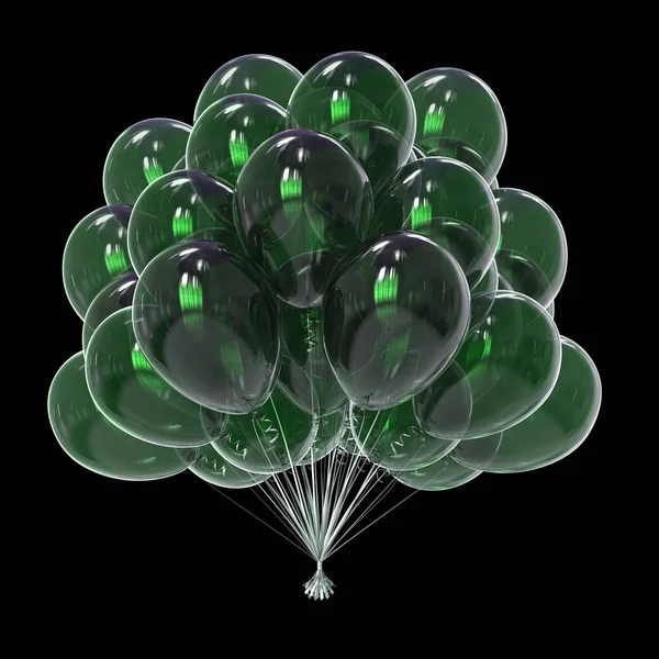 party helium balloons bunch dark green. isolated on black background. 3d illustration
