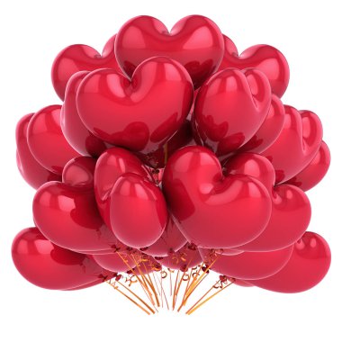 Kırmızı kalp şeklinde parti balonu seviyorum. tatil helyum balon grup. Doğum günü, düğün dekorasyon. Sevgililer günü tatil, romantik kutlama sembolü. 3D çizim