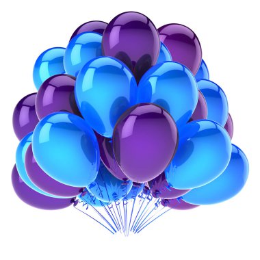Mor parti balonu mavi. Doğum günü, karnaval, dekorasyon kutlamak. helyum balon grup parlak. tatil tebrik kartı tasarım öğesi. 3D çizim