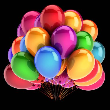 çok renkli renkli parti balonları grup. Doğum günü dekorasyon güzel. helyum balon parlak grubudur. eğlence sembolü. 3D çizim. siyah izole
