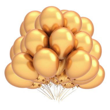 Altın balonlar parti Doğum günü dekorasyon lüks. helyum balon grup sarı metalik. tatil, yıldönümü kutlama sembolü. 3D çizim
