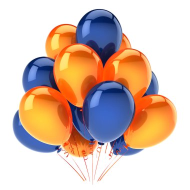 Parti balonları turuncu mavi renkli. helyum balon grup Doğum günü dekorasyon parlak, karnaval kutlama arka plan. 3D çizim