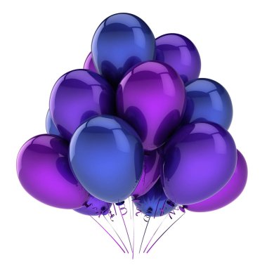 Mor parti balonu mavi. Doğum günü, karnaval, dekorasyon kutlamak. helyum balon grup parlak. tatil tebrik kartı tasarım öğesi. 3D çizim