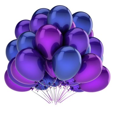 renkli parti balonu mor mavi grup. Doğum günü, karnaval, dekorasyon kutlamak. helyum balon grup parlak. davetiye, tebrik kartı tasarım öğesi. 3D çizim