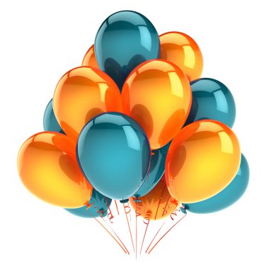 renkli parti balonları turuncu yeşil. helyum balon grup Doğum günü dekorasyon parlak, karnaval kutlama arka plan. 3D çizim
