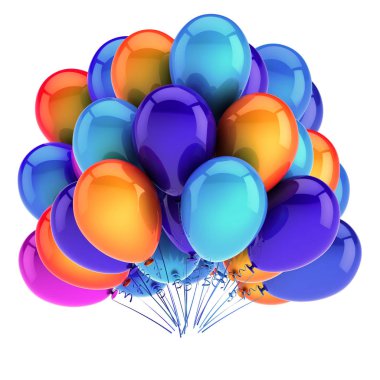 parti balonu renkli bir grup. Doğum günü karnaval dekorasyon çok renkli. mutlu tatil yıldönümü tebrik kartı tasarım öğesi. 3D çizim