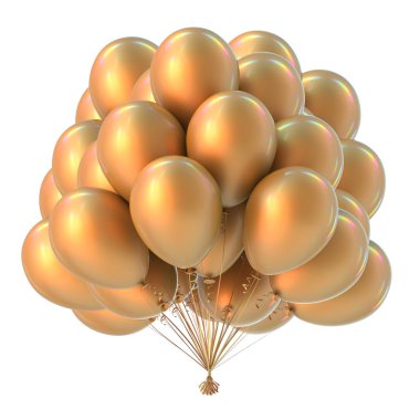 parti balonu renkli altın grup. Doğum günü dekorasyon helyum balon grup sarı. tatil olay, yıldönümü kutlamaları, karnaval sembolü. 3D çizim