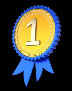 bir 1 ödül şerit, 1 birincilik Madalyası Altın mavi. şampiyon kazanan ödül, başarı başarı simgesi. 3D çizim. siyah izole