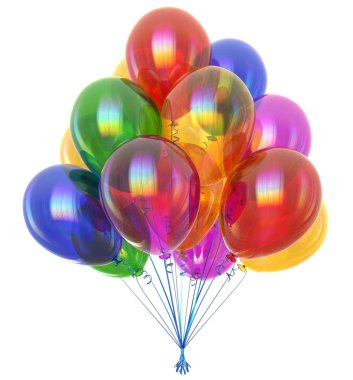 renkli parti balonu yarı saydam. çok renkli Doğum günü olay dekorasyon kırmızı mor sarı yeşil mavi. 3D çizim