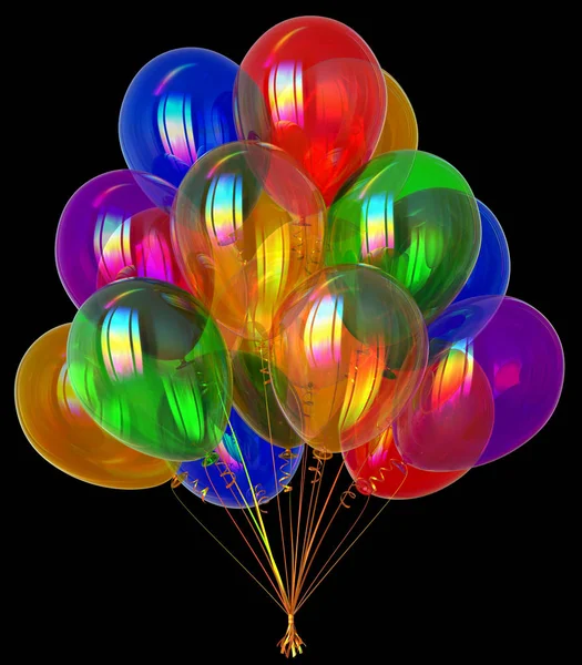 colorful carnival balloons party bunch. happy birthday decoration multicolored. 3d illustration. isolated on black