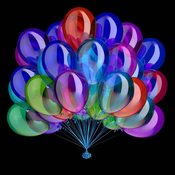 multicolored party balloons birthday decoration. holiday balloon bunch colorful glossy. festive celebration symbol. 3d illustration. isolated on black