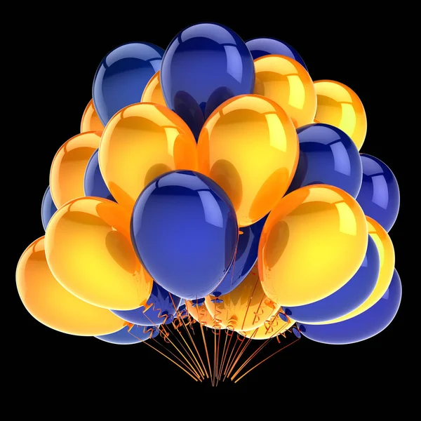 party balloons blue yellow colorful. helium balloon bunch birthday decoration glossy, carnival celebration background. 3d illustration. isolated on black