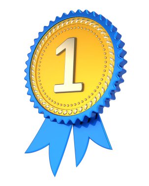 1. ilk sıra ödül şerit, madalya numara bir 1 altın mavi. Başarı başarı, şampiyon kazanan ödül sembolü kavramı. 3D çizim