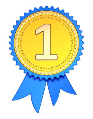 ödül şerit 1 birincilik, bir 1 altın madalya mavi. Başarı başarı, şampiyon kazanan ödül sembolü kavramı. 3D çizim