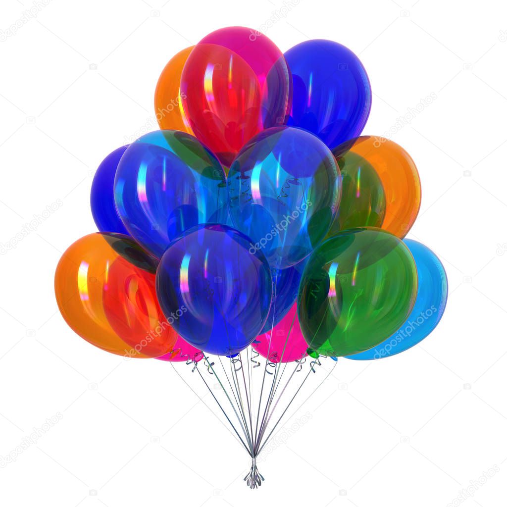 party helium balloons bunch colorful festival, birthday entertainment decoration multicolored blue, red, orange, green colors. 3d rendering illustration