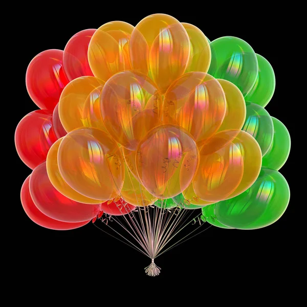 生日气球五颜六色的束 方饰多色红黄绿 娱乐符号概念 在黑色上隔离 — 图库照片
