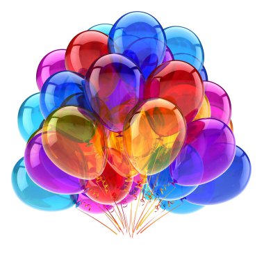parti balonu çok renkli bir grup. renkli Doğum günü dekorasyon. eğlence, karnaval, yıldönümü kutlama sembolü. 3D çizim