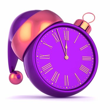 Noel top saat yüz mor New Year's Eve saat, son saat gece yarısı geri sayım, Santa şapka dekorasyon süs süsleme. Geleneksel kış tatil baskı başlar. 3D çizim
