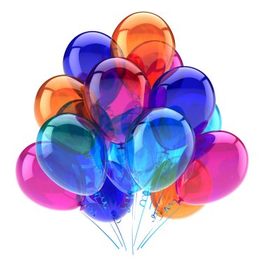 balon grup renkli, Doğum günü parti dekorasyon çok renkli. kutlama sembolü. 3D çizim