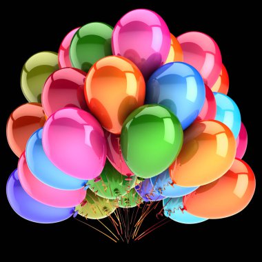 Balonlar Doğum günü partisi dekorasyon çok renkli. renkli helyum balon grup. yıldönümü kutlamaları, tatil, karnaval sembolü. 3d illüstrasyon izole siyah üzerine,