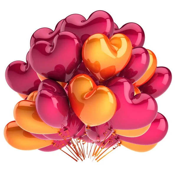 Party Balloons Bunch Red Heart Shaped Orange Birthday Wedding Honeymoon — Stock Photo, Image