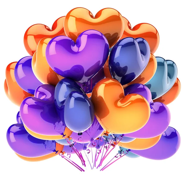 カラフルなハートの風船パーティー装飾の束色とりどりオレンジ ブルー お祝いの愛のシンボル イラストレーション — ストック写真