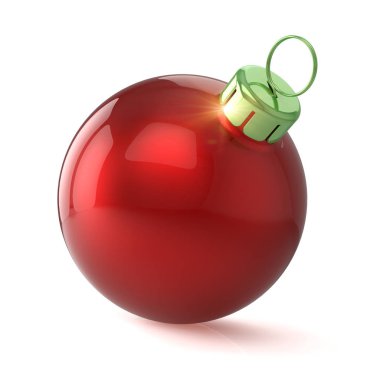 Kırmızı Noel top, New Year's Eve önemsiz şey pırıl pırıl, kış dekorasyon küre süsleme modern asılı. Geleneksel Merry Xmas sembolü. 3D çizim