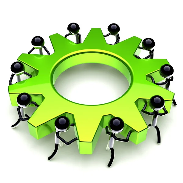 gear wheel teamwork, cogwheel business process. partnership, manpower, worker characters. men team work turning green gearwheel together. cooperation community icon. 3d illustration
