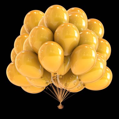 sarı balon parlak parti dekorasyon demet. Doğum günü helyum balon grubu. Festivali, karnaval, tatil olay, yıldönümü kutlama sembolü. 3D render, siyahta izole