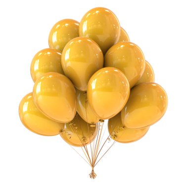sarı Doğum günü parti balon dekorasyon parlak grup. 3D render
