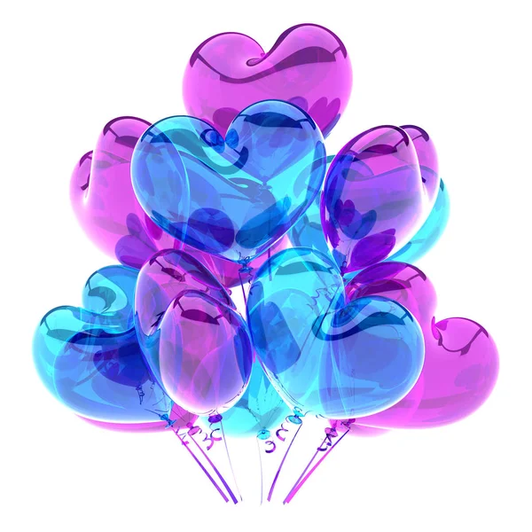 パーティー紫青色半透明カラフルなハート形の風船 誕生日装飾ロマンチックな光沢 休日の祭典愛グリーティング カード レンダリング — ストック写真