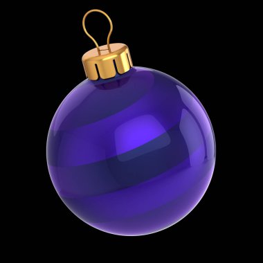 Noel topu çizgili mavi önemsiz şey. New Year's Eve kış dekorasyon küre süsleme asılı. Geleneksel Noel süs. 3D render, siyahta izole