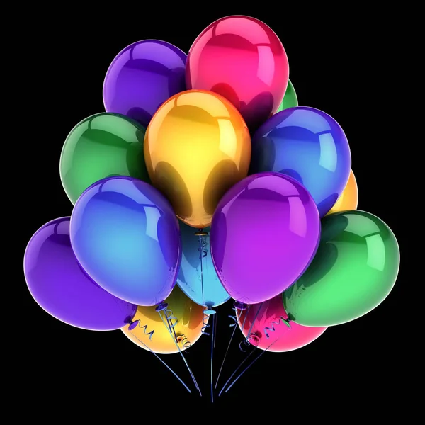 カラフルな風船の誕生日の装飾の束 パーティーお祝いのシンボルが色とりどり レンダリング 黒に分離 — ストック写真