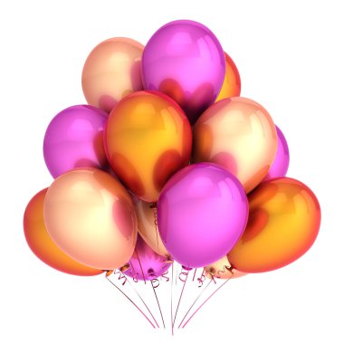 Parti dekorasyon balonları renkli turuncu pembe mor grup. Doğum günü dekorasyon çok renkli parlak. 3D render