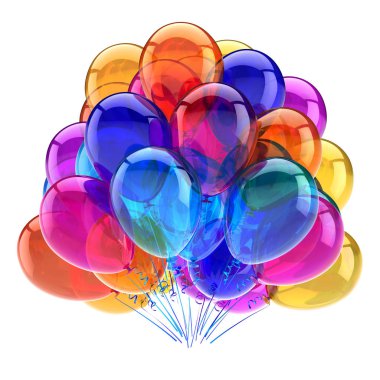 Karnaval parti balonu çok renkli bir grup. en iyi renkli Doğum günü dekorasyon. eğlence etkinlikleri, yıldönümü kutlama sembolü. 3D render