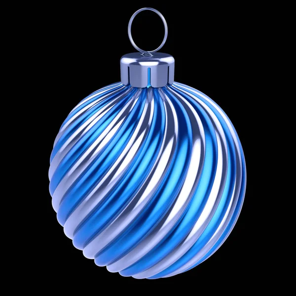 Christmas Ball Xmas Decoration Closeup Blue Silver Striped Decor Happy — Stock Photo, Image