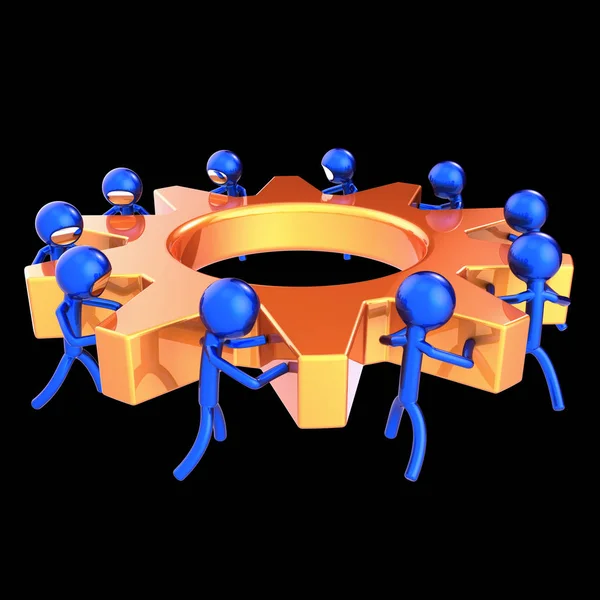 Gear Wheel Business Process Teamwork Characters Cogwheel Abstract Orange Blue — Stock Photo, Image