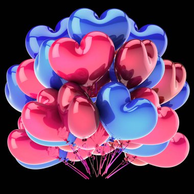 Aşk kalp mavi pembe balonlar bir grup parti şeklinde. Doğum günü, düğün, balayı, evlilik dekorasyon. Sevgililer günü romantik sembol. 3D render, siyahta izole