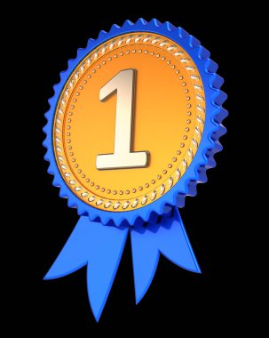 bir 1 1 ilk yer ödül şerit, altın madalya mavi numara. Başarı başarı, şampiyon kazanan ödül sembolü kavramı. 3d illüstrasyon izole siyah üzerine,