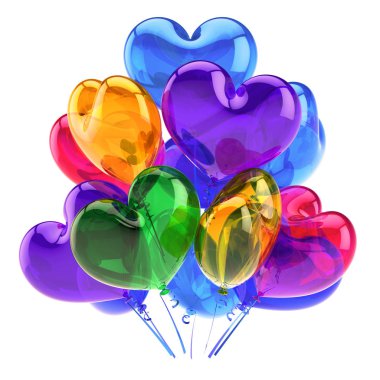 renkli kalpler balon partisi dekor mavi turuncu yeşil. Romantik Doğum günü karnaval Sevgililer günü dekorasyon parlak renkli. tatil, kutlama aşk tebrik kartı. 3D render
