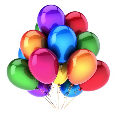 Doğum günü renkli dekorasyon demet balonlar. parti kutlama sembolü çok renkli. 3D çizim
