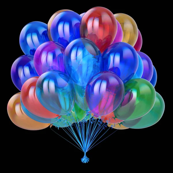 气球束的派对气球五彩红蓝绿橙 五颜六色的党 周年纪念 庆祝标志 在黑色上隔离 — 图库照片