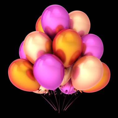 renkli balon grup mor turuncu pembe renkler. kutlama, Doğum günü, parti, karnaval dekorasyon. 3D render, siyahta izole