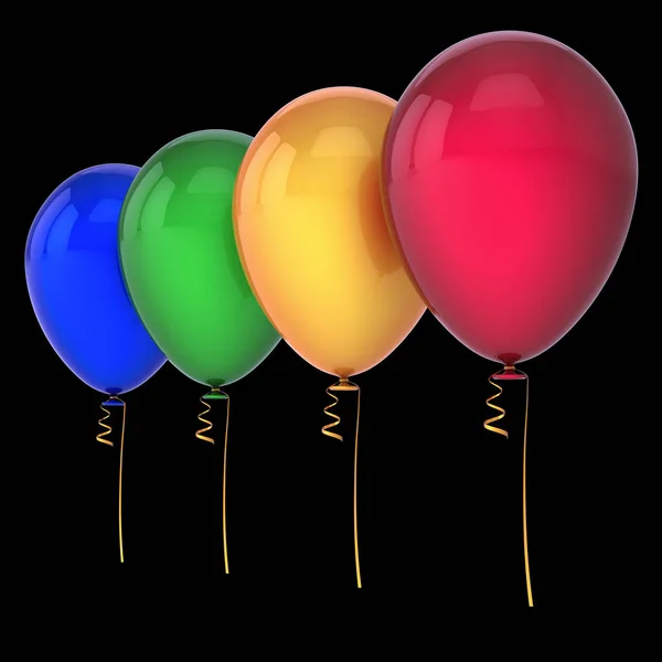 birthday balloons 4 party decoration multicolored. four helium balloon row arranged colorful. holiday, celebration, anniversary greeting card design element. 3d rendering, isolated on black