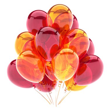 renkli parti balonu kırmızı sarı grup. Doğum günü dekorasyon parlak klasik. helyum balon karnaval sembolü. 3D render